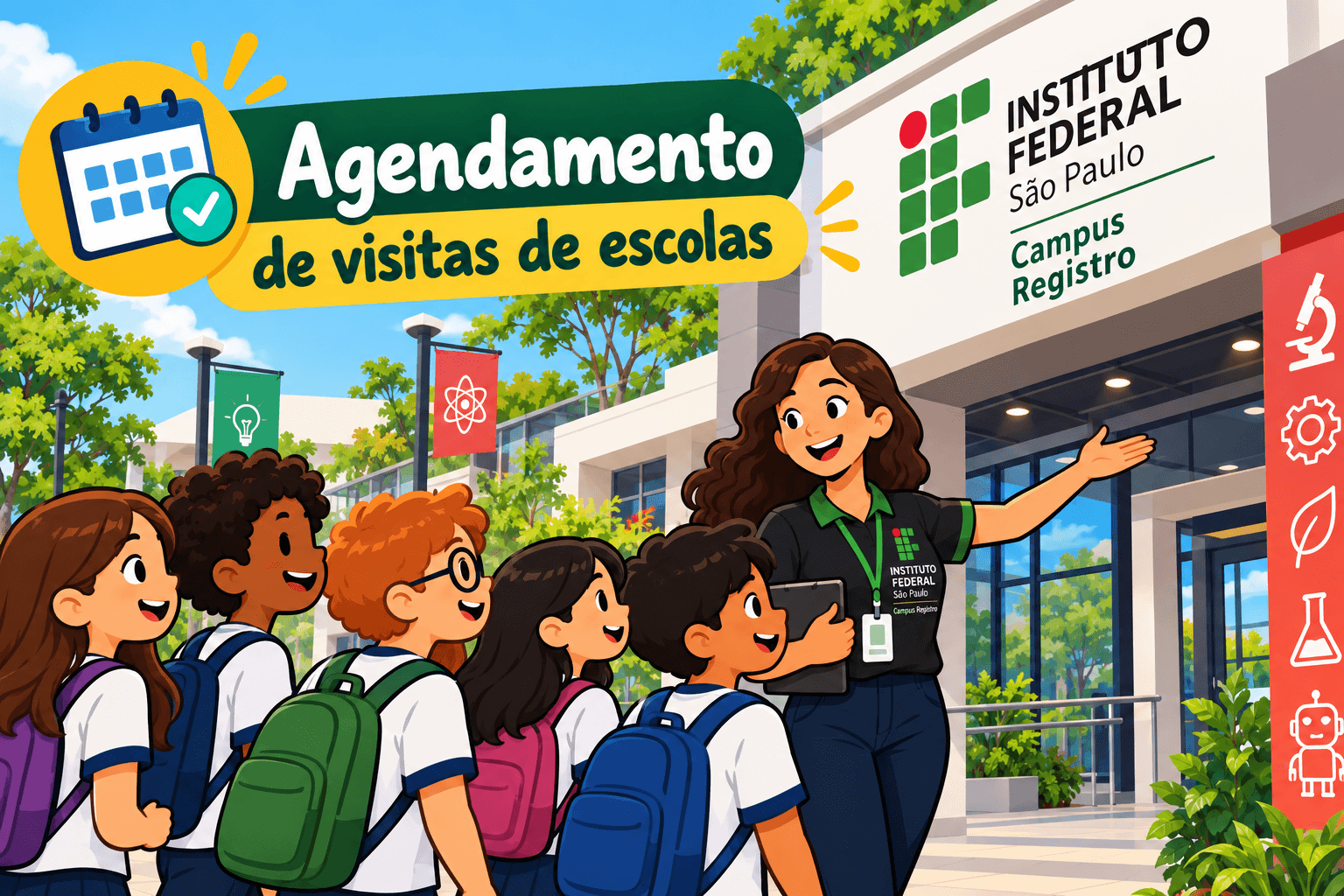 Agendamento de visitas de escolas: estudantes acompanhados por uma guia na entrada da SNCT.